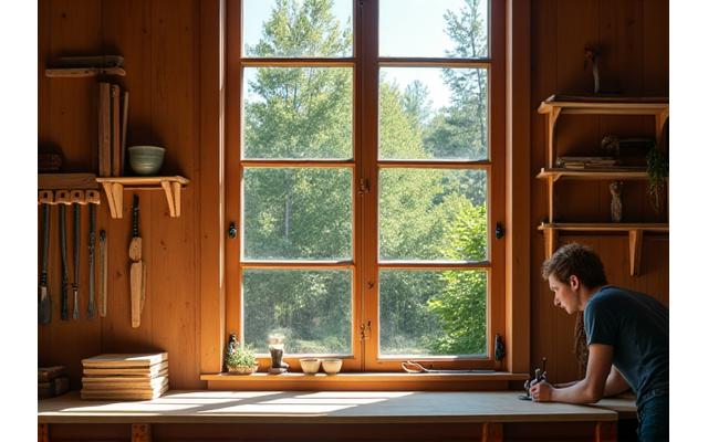 Artisan working on a piece of furniture in a sunlit workshop with a large window overlooking a natural landscape