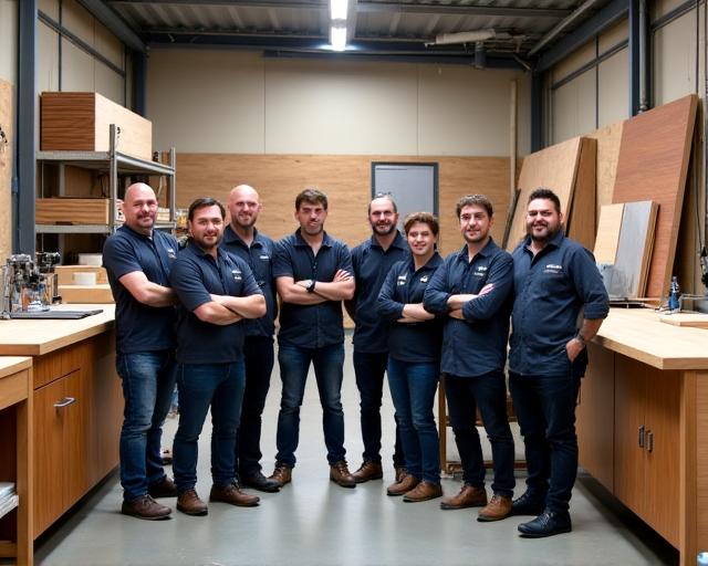 The Aussie Kitchen Creations team of designers and craftsmen standing proudly in their Melbourne workshop.