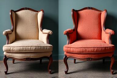 Before and after image of an antique armchair, showing its restoration from worn to refurbished