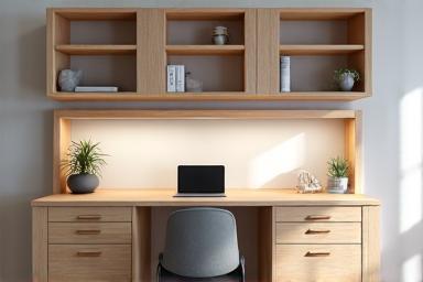 Integrated modular office desk and shelving system made of light wood