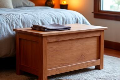 Handcrafted cedar chest that doubles as a storage bench at the foot of a bed