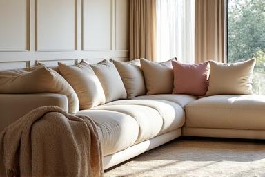 Plush custom sectional sofa in a neutral tone with accent pillows in a bright, airy living room