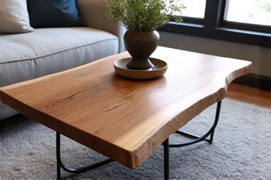 Live edge oak coffee table with dark metal legs in a modern living room