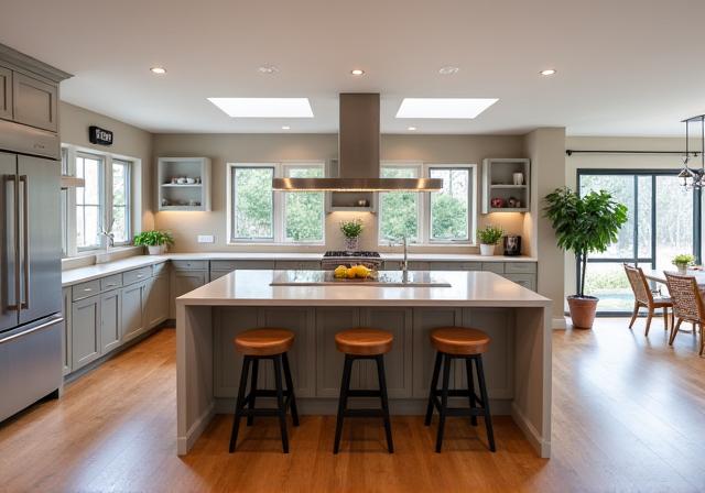 Spacious contemporary kitchen with large island and integrated seating in Brighton.