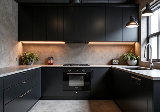 Dark, industrial kitchen with concrete walls, sleek black appliances, and pendant lighting in Collingwood.