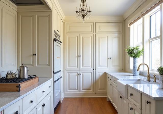 Classic shaker-style kitchen with detailed cabinetry and a marble benchtop in Hawthorn.