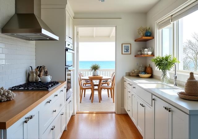 Bright and airy coastal-style kitchen with light wood accents and white cabinetry in Mornington.