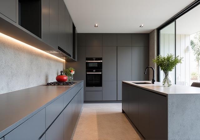 Sleek, modern kitchen with handleless cabinets and a concrete-look benchtop in Richmond.