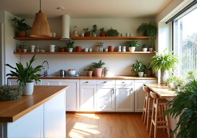 Boho coastal kitchen with exposed shelves, light wood, and potted plants in St Kilda.