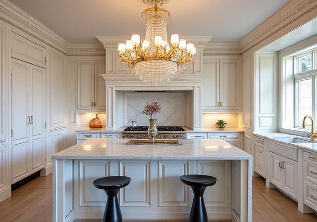 Opulent classic kitchen with detailed white cabinetry, gold hardware, and large crystal chandelier in Toorak.