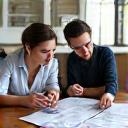 A designer and client collaborating on kitchen plans.