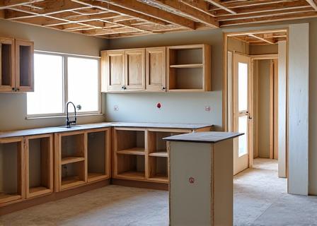 A kitchen mid-renovation, showing new framework and wiring.