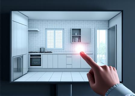 A detailed 3D render of a custom kitchen layout.