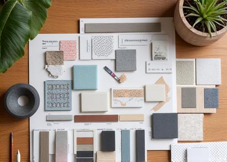 A mood board with material samples, color swatches, and design sketches.